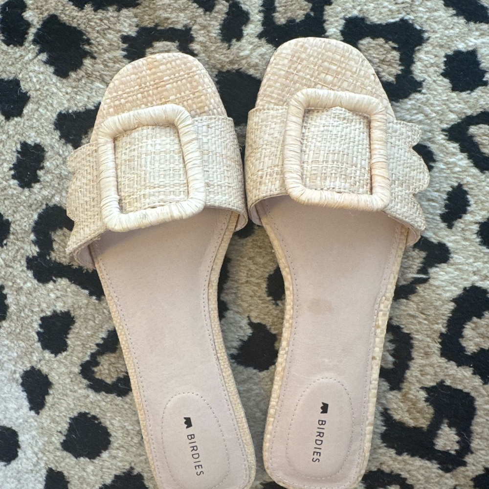 Birdies Cream Woven Raffia Buckle Slide Mules